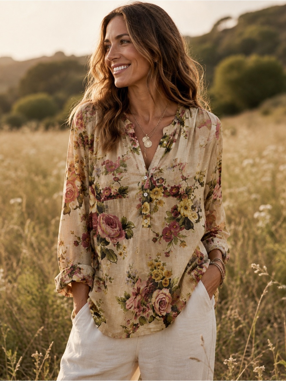 J. Jill Floral Button V-Neck Blouse in Beige with Pink & Green Flowers